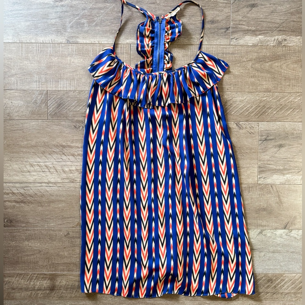 Ciele Blue Orange Chevron Ruffle Halter Mini Dress | Boho Summer L